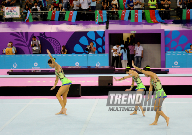 Akrobatika gimnastikası üzrə qadınlar arasında çoxnövçülük yarışlarının final mərhələsi. Bakı, Azərbaycan, 19 iyun 2015